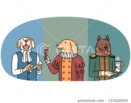 Dogs with body of people in clothes of lords and medieval kings hold mug of tea or glass of wine 125026093
