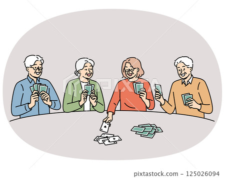 Old men and women play cards having fun after retirement and enjoying socializing with friends 125026094