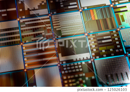 Silicon semiconductor wafer close-up. In electronics, a wafer also called a slice or substrate is a thin slice of semiconductor, a crystalline silicon, used for the fabrication of integrated circuits 125026103