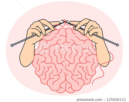 Human brain and hands with knitting needles, as metaphor for intellectual development 125026112