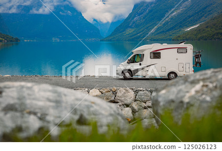 Family vacation travel RV, holiday trip in motorhome, Caravan car Vacation. 125026123