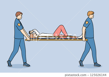 Ambulance doctors carry patients on stretchers to save life of person who has been in car accident Ambulance doctors carry patients on stretchers to save life of person who has been in car accident 125026144