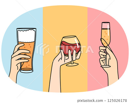 Hands people with glasses filled with alcoholic drinks offering to drink beer or wine with champagne Hands people with glasses filled with alcoholic drinks offering to drink beer or wine with champagne 125026178