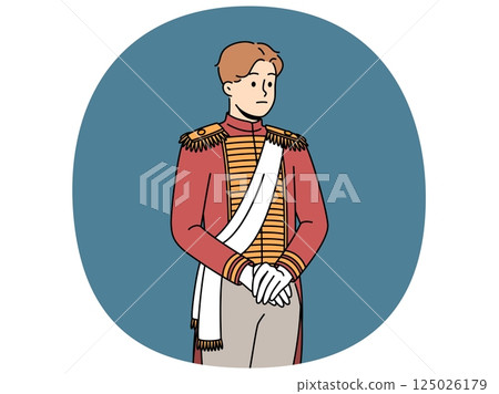 Sad aristocratic man in 18th century clothes is ready for ball or dinner party in medieval castle 125026179