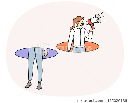 Woman with megaphone calls for visiting approaching sale by leaning out of hole. 125026186