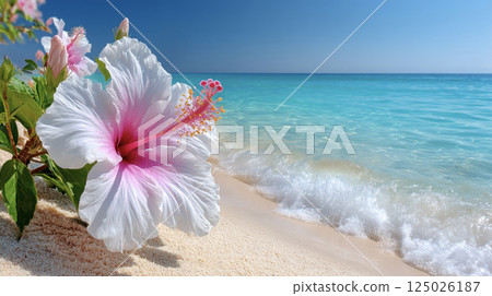Beautiful tropical beach and hibiscus AI image 125026187