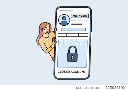 Woman with paranoia uses private account on social networks, stands near phone with anonymous app 125026192