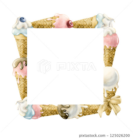Cute ice cream waffle cone frame. Watercolor hand painted food illustration isolated on white background for kids birthday, baby shower party card invitation nursery decor, summer delicious prints 125026200