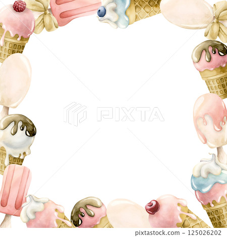 Cute ice cream popsicle frame. Watercolor hand painted summer food illustration isolated on white background for kids birthday, baby shower party card invitation nursery decor, summer delicious prints 125026202