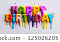 Colorful Glossy 3D Happy Birthday Letters With Dripping Paint Effect In Rainbow Tones 125026205