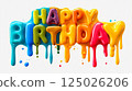 Glossy Colorful Dripping Birthday Letters on White Background 125026206