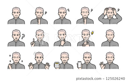 穿著工作服的高級男工人的各種面部表情變化集 125026240