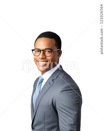 A confident African American man with short natural hair and glasses, wearing a formal charcoal gray business jacket and white 125026564