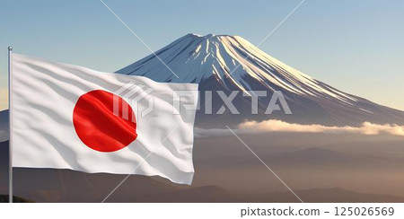 A close-up of the developing flag of Japan against the background of Mount Fuji, illuminated by the rays of the rising sun. 125026569