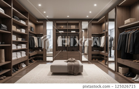 Mocha Musse high-tech walk-in closet with AI-powered garment sorting, where clothes are automatically categorized and neatly stored based on season, 125026715