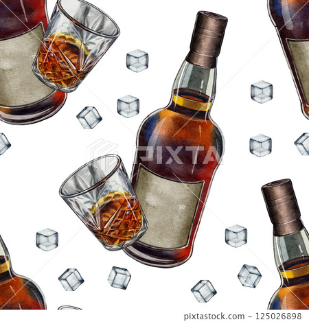 Seamless pattern with whiskey bottle, glass, and ice cubes Seamless pattern with whiskey bottle, glass, and ice cubes 125026898