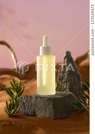 Mockup dropper bottle, glass dropper bottle, unlabeled dropper bottle, unbranded dropper bottle, label design, design packaging, serum bottle, essence dropper bottle, desert atmosphere, desert concept Mockup dropper bottle, glass dropper bottle, unlabeled dropper bottle, unbranded dropper bottle, label design, design packaging, serum bottle, essence dropper bottle, desert atmosphere, desert concept 125026973