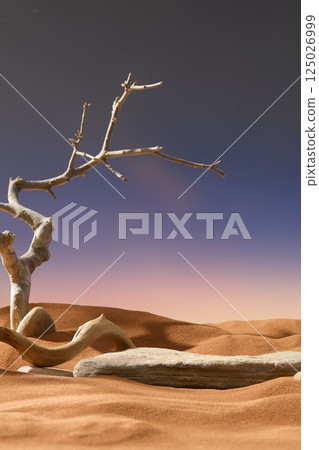Vertical photo of desert landscape with grey dry tree branches, winding tree roots. Flat rocks with many small cracks placed on the sand. Sand beach stretching to the horizon. Sunset background. 125026999