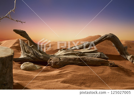 Rotten tree trunks lying randomly on the dry sand. Beside the tree trunks are rough-surfaced rocks. Bent logs placed on the vast sands of the desert. Sky changing colors between purple and pink. 125027005