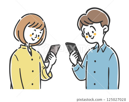 一對夫婦正在看智慧型手機，上身，向量圖 125027028