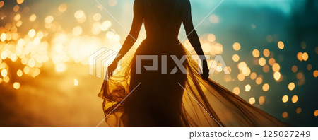 Elegant Silhouette of a Woman in a Flowing Gown with Lights 125027249