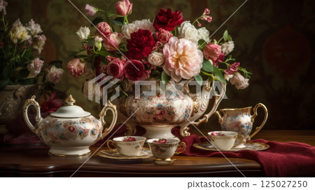 Elegant Vintage Tea Party with Floral Porcelain and Roses 125027250