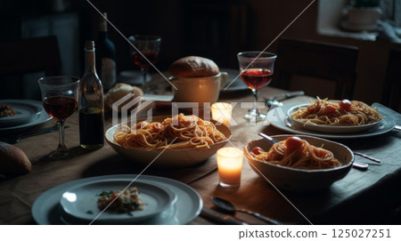 Cozy Italian Dinner Table with Pasta and Wine 125027251