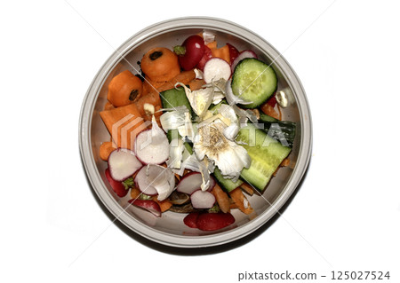 Close up of vegetable peelings ready to be food waste compost recycled or thrown away Close up of vegetable peelings ready to be food waste compost recycled or thrown away 125027524