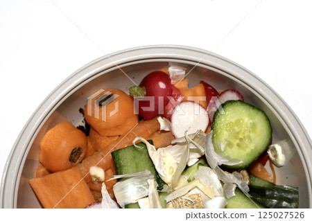 Close up of vegetable peelings ready to be food waste compost recycled or thrown away 125027526