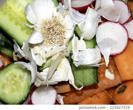 Close up of vegetable peelings ready to be food waste compost recycled or thrown away 125027528