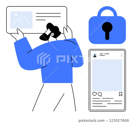 Man holding digital content card while a security lock and social media post are displayed. Ideal for cybersecurity, social media, online privacy, digital identity, content management. Minimalist Man holding digital content card while a security lock and social media post are displayed. Ideal for cybersecurity, social media, online privacy, digital identity, content management. Minimalist 125027600