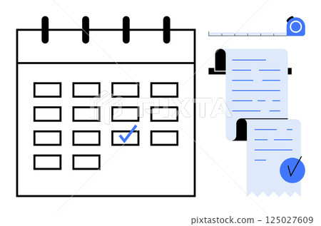 Calendar with dates and a checkmark, alongside two receipts and a measuring tape. Ideal for scheduling, expense tracking, project management, time management, and planning. Modern and clean style Calendar with dates and a checkmark, alongside two receipts and a measuring tape. Ideal for scheduling, expense tracking, project management, time management, and planning. Modern and clean style 125027609