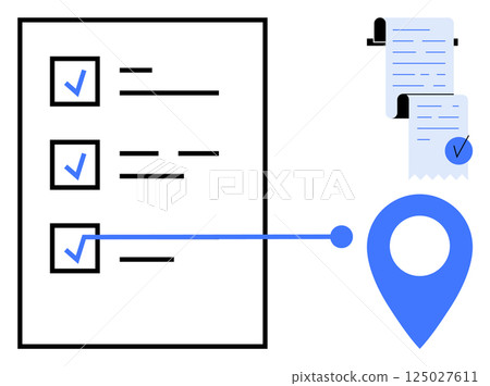 Checklist with blue checkmarks, two documents with a blue checkmark, and a blue location marker. Ideal for task management, project tracking, organization, productivity, and planning. Minimalist 125027611