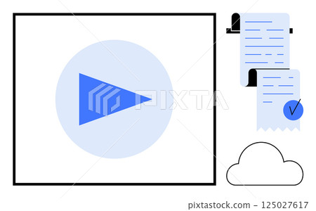 A blue play button inside a square, documents with a check mark, and a cloud icon. Ideal for media streaming, document management, cloud storage, online services, digital solutions. Minimalist vector A blue play button inside a square, documents with a check mark, and a cloud icon. Ideal for media streaming, document management, cloud storage, online services, digital solutions. Minimalist vector 125027617