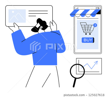 A person in blue interacts with various online shopping elements e.g. product image, shopping cart with notifications, mobile storefront and analytics. Ideal for e-commerce, online shopping, digital A person in blue interacts with various online shopping elements e.g. product image, shopping cart with notifications, mobile storefront and analytics. Ideal for e-commerce, online shopping, digital 125027618