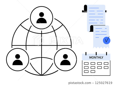 Globe with people icons representing global collaboration. Monthly calendar suggests a scheduled plan. Documents with a checkmark symbolize completed tasks or reports. Ideal for team management 125027619