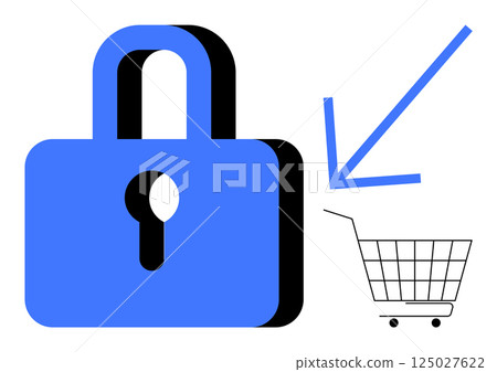 Large blue padlock symbol with a keyhole beside a shopping cart and downward arrow. Ideal for online shopping security, digital purchases, e-commerce safety, internet protection, consumer trust Large blue padlock symbol with a keyhole beside a shopping cart and downward arrow. Ideal for online shopping security, digital purchases, e-commerce safety, internet protection, consumer trust 125027622