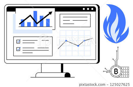 Monitor screen displaying charts and data graphs. Includes icons of a blue flame and a Bitcoin symbol. Ideal for data visualization, cryptocurrency analysis, financial reporting, statistical Monitor screen displaying charts and data graphs. Includes icons of a blue flame and a Bitcoin symbol. Ideal for data visualization, cryptocurrency analysis, financial reporting, statistical 125027625