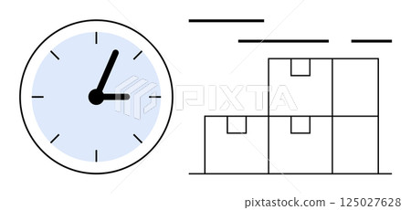 Clock showing efficient time management alongside stacked boxes representing organized inventory. Ideal for logistics, warehouse management, supply chain optimization, time management workflows Clock showing efficient time management alongside stacked boxes representing organized inventory. Ideal for logistics, warehouse management, supply chain optimization, time management workflows 125027628