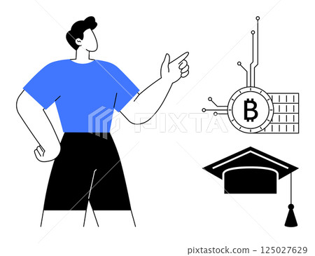 A person is pointing towards symbols of Bitcoin and a graduation cap. Ideal for blockchain, cryptocurrency education, financial literacy, digital currency, online learning. Minimalist style A person is pointing towards symbols of Bitcoin and a graduation cap. Ideal for blockchain, cryptocurrency education, financial literacy, digital currency, online learning. Minimalist style 125027629