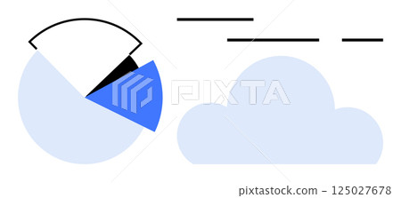 Pie chart divided into four segments next to a cloud icon with horizontal lines above indicating data transmission. Ideal for data analysis, cloud computing, technology concepts, business strategy 125027678