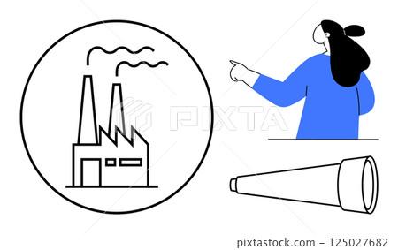 Factory with smoke, woman pointing, and telescope. Ideal for industrial awareness, environmental discussions, communication, searching or exploration, and observation activities. Simple modern style 125027682