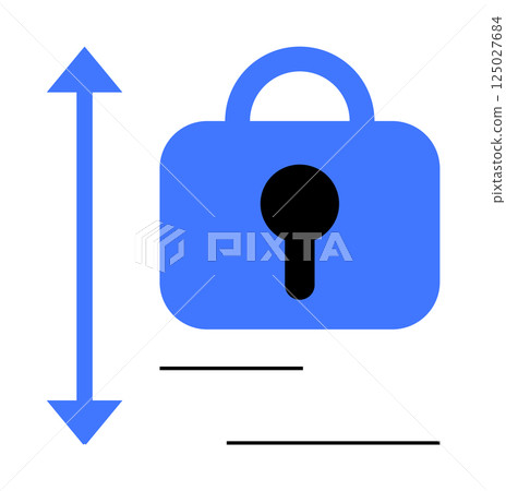 A blue padlock accompanied by a vertical arrow and horizontal lines. Ideal for concepts of security, encryption, privacy, data protection, and confidentiality. Simple modern style 125027684