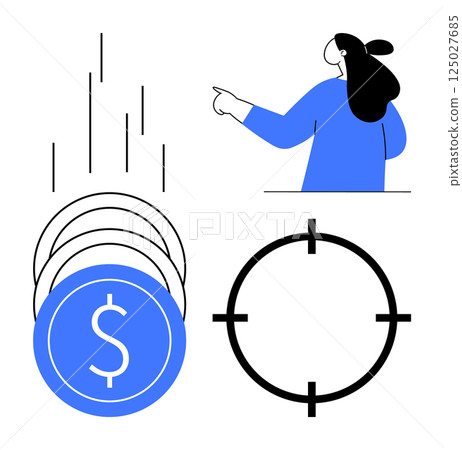 A person points towards a bar chart next to coins with dollar signs and a target symbol. Ideal for finance, business strategy, investment, success goals, and entrepreneurship themes. Simple modern 125027685