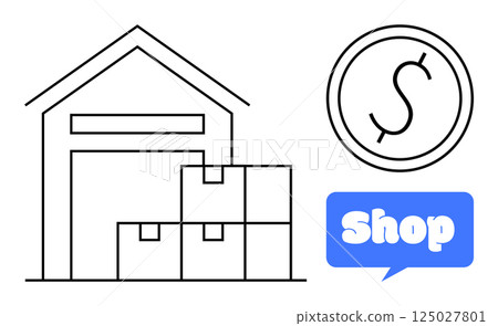 A warehouse with stacked boxes, a coin symbol, and a blue speech bubble with the word Shop written in it. Ideal for e-commerce, logistics, retail, storage, and shopping. Simple line art style 125027801