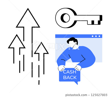 Arrows pointing upwards indicate growth or progress. A key symbolizes security. A person in a website window holding a cashback sign. Ideal for financial growth, savings, security, online shopping 125027803
