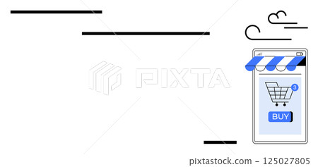 A smartphone displays an online shopping cart under a store awning. The design suggests an e-commerce app. Ideal for online shopping, digital transactions, mobile commerce, e-commerce design 125027805