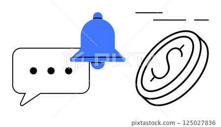 Speech bubble with ellipsis, blue ring bell, coin with dollar symbol, and motion lines. Ideal for banking alerts, financial updates, business communication, notifications, customer service, digital Speech bubble with ellipsis, blue ring bell, coin with dollar symbol, and motion lines. Ideal for banking alerts, financial updates, business communication, notifications, customer service, digital 125027836