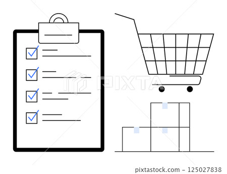 A clipboard with a checklist, a shopping cart, and stacked boxes. Ideal for retail, inventory management, shopping, to-do lists, and organization themes. Clean and minimalist vector style A clipboard with a checklist, a shopping cart, and stacked boxes. Ideal for retail, inventory management, shopping, to-do lists, and organization themes. Clean and minimalist vector style 125027838