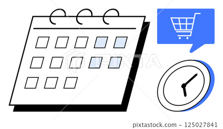 Calendar page with highlighted dates, shopping cart in blue speech bubble, and clock icon. Ideal for e-commerce, time management, event planning, scheduling, deadlines, retail promotions, digital 125027841